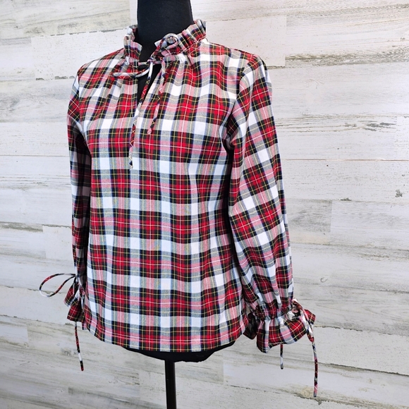 Victoria Dunn Women Plaid Ruffle Drawstring Top Small Red Preppy Coastal Cottage - Picture 2 of 15